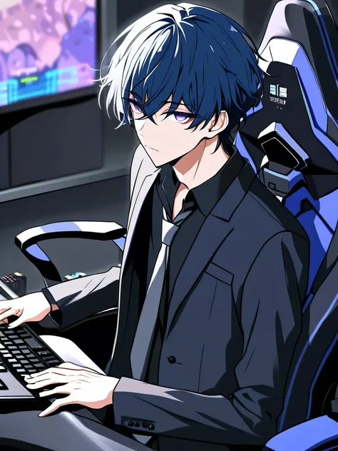 One Man, Young man,Adult male,男らShii,Fair skin,Blue Hair,Rin々Shii,Handsome,cool,Dark black clothing,Winter clothes,Short Hair,bangs,cool,Expressionless,Purple Eyes,suit,グレーのsuit,Black shirt,Grey tie,indoor,Gaming Keyboard,Gaming Chair,Gaming Chairに座っている,Be...