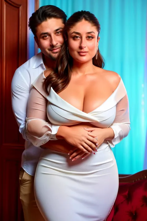 Young fat Kareena Kapoor wears a very tight white rose dress and shows off her very large breasts by squeezing them with her hands.
Her boyfriend, a handsome beard Englishman, is standing behind her,
He hugging and squeezing her very large breasts with hi...