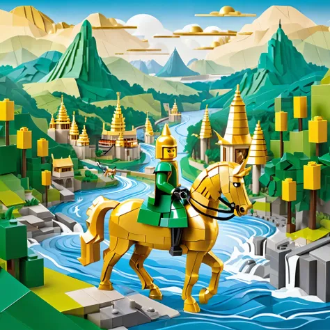 River valley with scenic landscape, a medieval  warrior  horse riding on the river,  gold and green flag, lego pagodas on the margins of the river, slightly influenced by cubism,  whimsical.