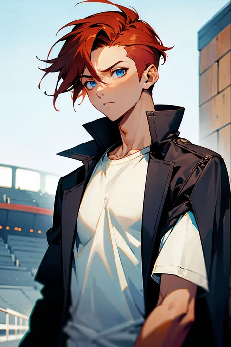 1male, built, tan, red hair, undercut faded hair, blue eyes, white t shirt, black trenchcoat, expressionless, arena background