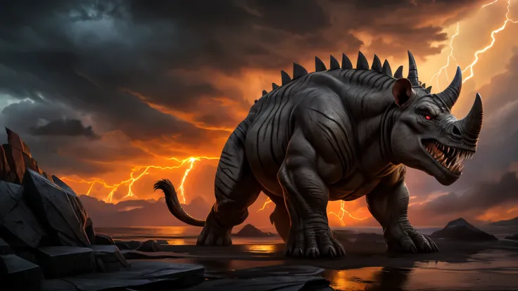 "A hybrid creature that combines the characteristics of a tiger and a T-Rex, creating a monstrous and dangerous appearance. This hybrid beast has the body of a tiger with its muscular structure and sharp claws, but with the thick, armored skin and massive ...