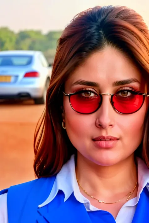 fat kareena kapoor is mafia boss, with a car exploding in the background, her wears sunglasses, poster for a mafia film, 
titled...