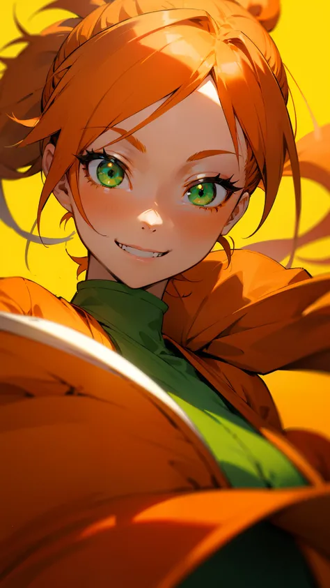 Sharp focus、Bokeh、Anime-style paintings、Orange themed clothing、Orange Hair、ponytail、Beautiful green eyes、Upper body close-up、Wicked Smile、Grin、Green background