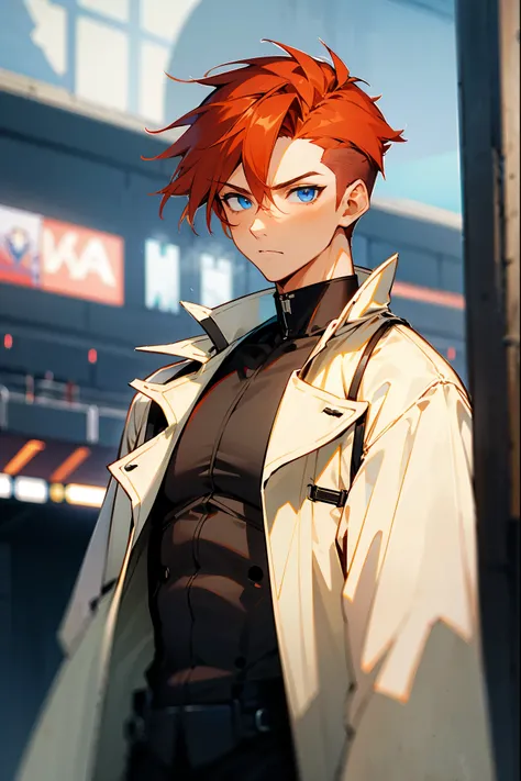 1male, built, tan, red hair, undercut faded hair, blue eyes, white t shirt, black trenchcoat, expressionless, arena background