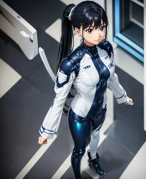 ((Holographic glow effect)),(masterpiece,Best Quality,Highest Resolution,Clear_image,Detailed details,The angle is from above): (solo,A girl alone,Japanese Faces,High knot ponytail,Dark blue hair girl,Small breasts,(Perfect body:1.4),Sparkling blue eyes,(W...