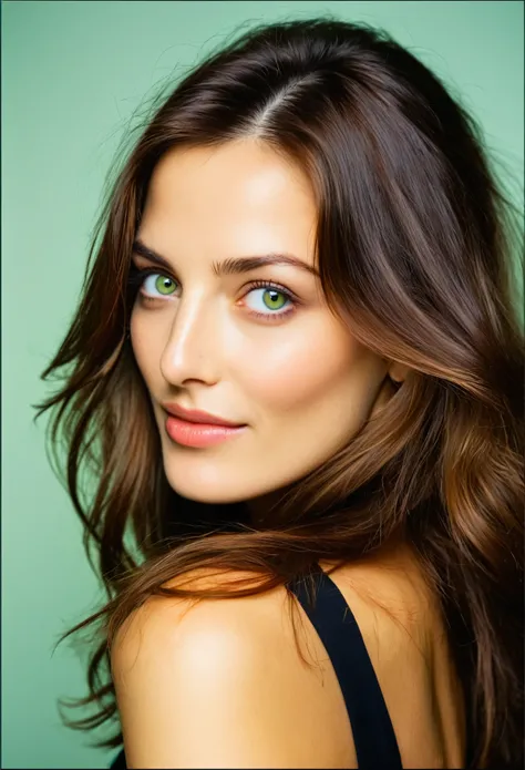 portrait of a (gorgeous lady), from side, green eyes, brunette hair, looking at viewer with a shy expression, slightly smiling, professional photography shot by (Richard Avedon:1.2), shot on (Kodak Professional Metallic:1.2), HDR, soft focus, (candid portr...