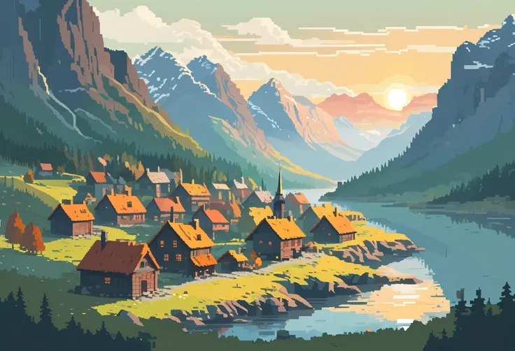 Style (pixel art:1.3) landscape of a (nordic village:1.2) surrounded by mist and mountains in background, in a style of (Alfred J. Casson:1.2) with colorful touches, gloomy ambient with faded color scheme and low contrast, sun rises from between of mountai...