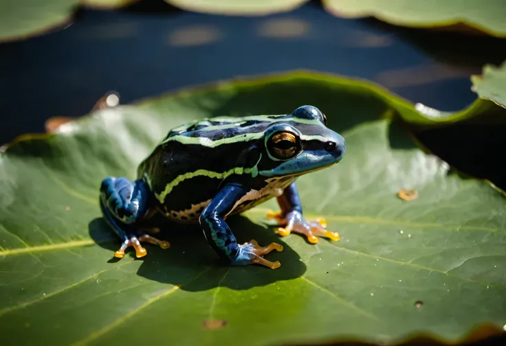 macro photography of a dart frog on a lotus leaf, lake background, (cinematic, high resolution), UHD, 8K animal photography shot with Olympus Tough TG-6 with Built-in 4.5-18mm f-2-4.9, minimalist render with highest details, nature, depth of field, (soft l...