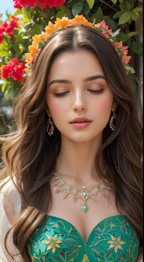 A graceful princess with long, wavy dark hair and warm brown eyes, she wears an elegant gown in rich shades of green and red, adorned with intricate patterns inspired by Portuguese azulejos. Her delicate necklace features a small compass, symbolizing Portu...