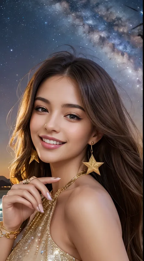 A captivating woman with long, flowing caramel-colored hair and soft, twinkling brown eyes that sparkle like stars. She wears a chic, shimmering gown in deep chocolate brown with silver and gold accents that mimic the rich colors of a Milky Way bar. Her ac...