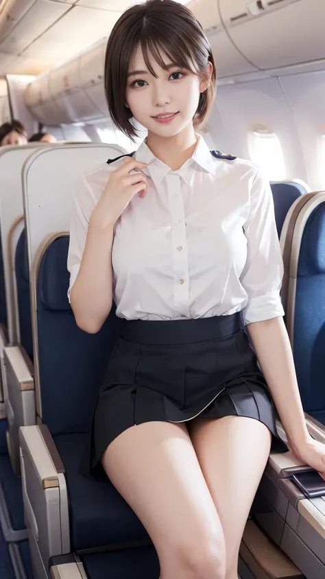 1 female, 20 years old、Very detailed顔、Lip details、Detailed eyes、double eyelid、(Black bob hair、Like an airplane stewardess)、(Stewardess Uniform:1.2)、(glamorous body)、Sitting on a chair、(I can see her white panties under her skirt:1.4)、smile、Thighs Thighs Th...