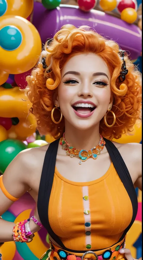 A fun woman with vibrant orange hair styled in playful curls and bright, mischievous green eyes that glimmer with energy. She wears a quirky outfit in bold orange, accented with yellow and black patterns that resemble the iconic Cheetos cheese dust. Her ac...