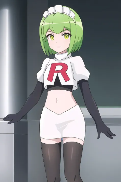 francesca, solo, looking_at_viewer, short_hair, bangs, green_eyes, yellow_eyes, green_hair, flat_chest, maid_headdress, robot, a...