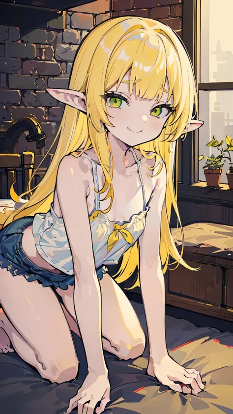 ((masterpiece、Best Quality、Very detailed))、One girl、Yellow Hair、Long Hair、blunt bangs、light green eyes、evil smile、Pointed Ears、Small breasts、((White camisole))、thighs、barefoot、((On all fours))、((Dimly lit room))、Brick wall background