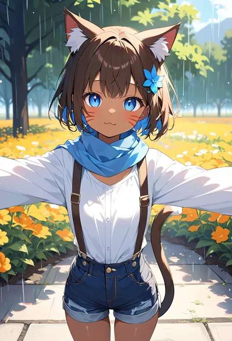 Best Quality、4K、Ultra HD、Young girl、Brown Skin、Cat ears and tail、Three red cat whiskers on cheek、Blue Eyes、With your arms wide open, Dark brown hair、A single blue feather hair ornament、Straight Short Hair, White shirt with blue scarf、And brown suspenders, ...