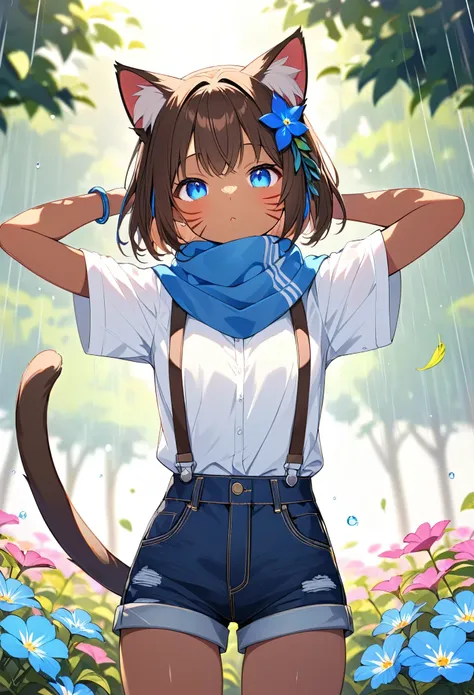 Best Quality、4K、Ultra HD、Young girl、Brown Skin、Cat ears and tail、Three red cat whiskers on cheek、Blue Eyes、With your arms wide open, Dark brown hair、A single blue feather hair ornament、Straight Short Hair, White shirt with blue scarf、And brown suspenders, ...