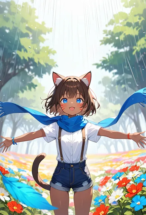 Best Quality、4K、Ultra HD、Young girl、Brown Skin、Cat ears and tail、Three red cat whiskers on cheek、Blue Eyes、With your arms wide open, Dark brown hair、A single blue feather hair ornament、Straight Short Hair, White shirt with blue scarf、And brown suspenders, ...