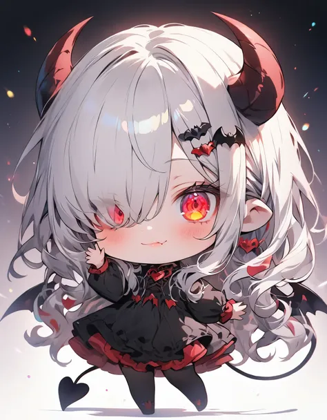 absurdres, colorful, 1girl, solo, red eyes, white hair, long hair, hair over one eye, detailed eyes, wide-eyed, eyelashes, looking at viewer, full body, demon horns, ((chibi)), bat wings, gradient background, dress, waving hand, demon tail, particles, kawa...