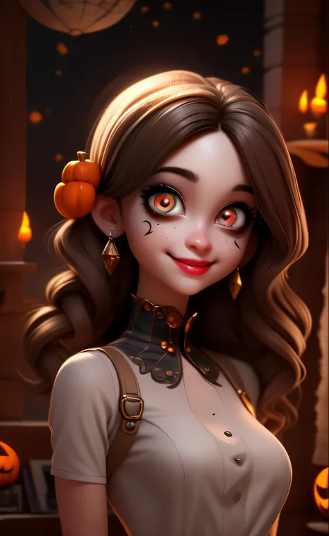 a smiling cute monster girl, adorable monster girl, halloween monster, detailed face, beautiful detailed eyes, beautiful detailed lips, extremely detailed face and features, sharp focus, 8k, best quality, masterpiece, photorealistic, vivid colors, dark fan...