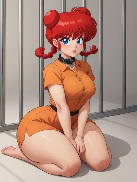 ranma saotome. red hair. blue eyes. pigtail. small saggy breasts. huge hips. pink eyeliner. pink manicure. sitting. orange priso...