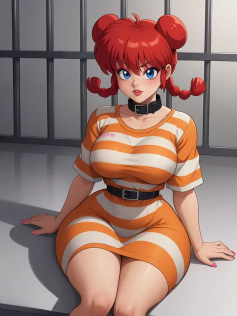 ranma saotome. red hair. blue eyes. pigtail. small saggy breasts. huge hips. pink eyeliner. pink manicure. sitting. orange priso...