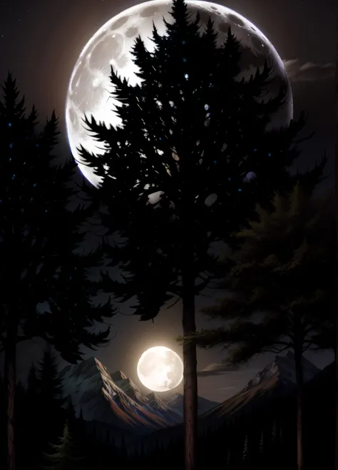 enchanted forest, the full moon rises from behind the hills, moon night sky