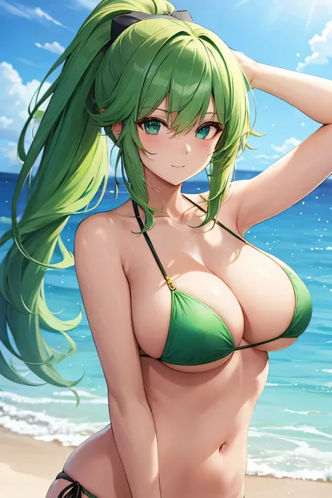 Masterpiece, Best Quality, Beautiful Girl, Beautiful Face, Green Hair, Ponytail, Bikini, Big Breasts,