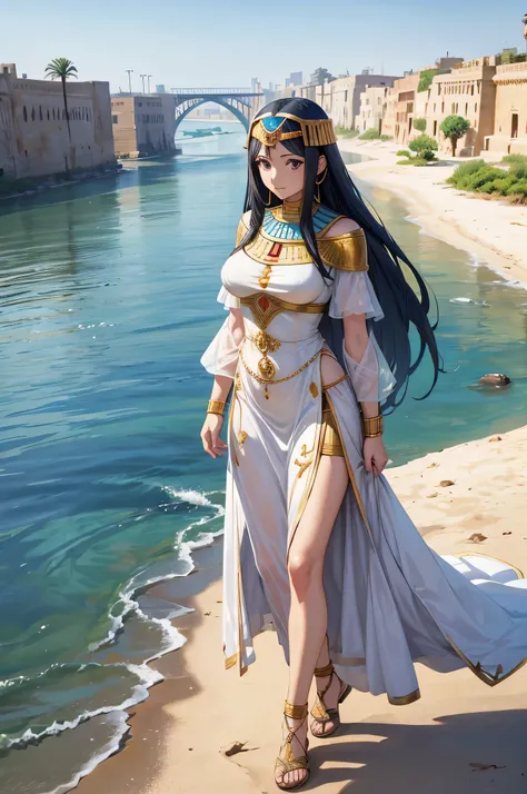 An ancient Egyptian woman walking along the banks of the Nile River, Her body and face are similar to Pricilla Ricart, Lightweight anime mappa style heat clothing with realistic intricate detailed elements on the front