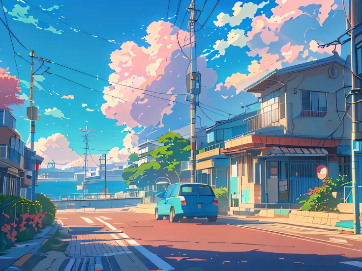 anime scenery of a car driving down a street with a building and a beach in the background, anime background art, summer street near a beach, beautiful anime scenery, anime scenery, anime background, anime style 4 k, 4 k manga wallpaper, anime landscape wa...