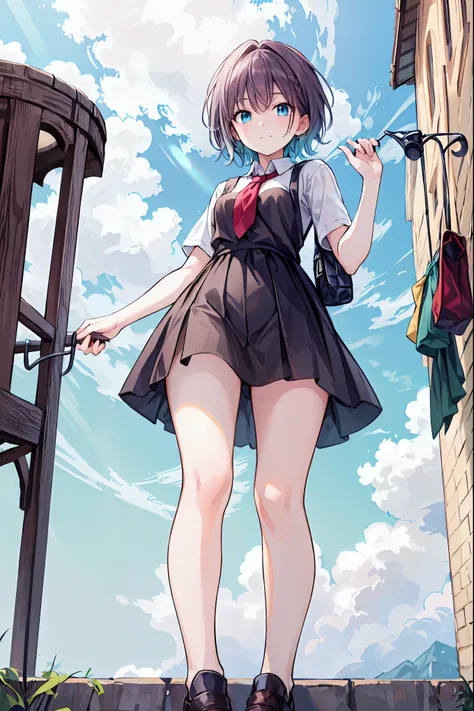 (masterpiece,up to date,Exceptional:1.2), anime,One Girl,茶hair，Shortcuts，ボサボサのhair，short編みhair，Neat，Slender beauty，Hall々A positive attitude，Small breasts，Beautiful legs，Her enchanting grey-blue eyes shine like stars.，Vibrant colors,Beautiful Eyes,A delicat...