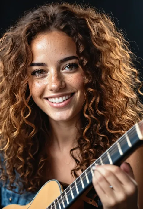 a beautiful woman with freckles, a big smile, brown eyes, long curly hair, dark makeup, hyperdetailed photography, soft lighting, head and shoulders portrait, playing guitar, (best quality,4k,8k,highres,masterpiece:1.2),ultra-detailed,(realistic,photoreali...