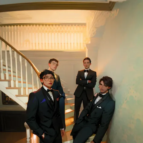 there are four men in suits standing on a staircase, men in tuxedos, wearing suits!, formal attire, posing elegantly over the camera, doing an elegant pose, posing for a picture, posing for the camera, looking this way, taken in the early 2020s, album cove...