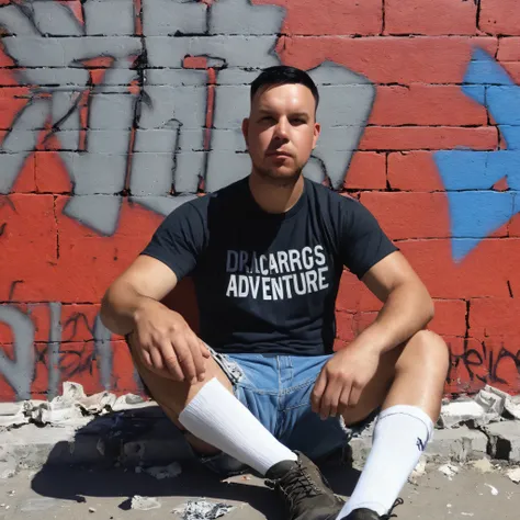 A full-body close-up professional RAW photograph of a man, short military-cut black hair. He is wearing a t-shirt, cargo shorts, high-top adventure boots, and white socks. The man is sitting on the ground, leaning against a graffiti-covered wall in ruins. ...