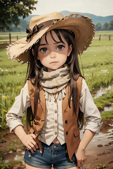 beautiful young pretty  portrait，on a muddy farm:1.2 , cowboy hat, fringed waistcoat , shorts, scarf , confidence , very short s...