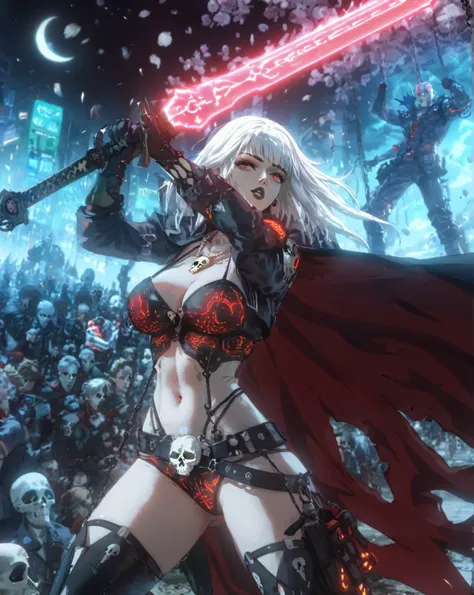 Cyberpunk Lady death fighting a hoard of cybernetic demons, High paced, cinematic fight scene smeared frames, impact frame, sword swing, area destruction ,. : Cyber punk themed, depict 1girl, multiple others ,Lady death, fullbody art, Masterpiece, hyper-ae...