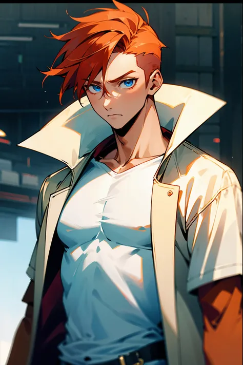 1male, built, tan, red hair, undercut faded hair, blue eyes, white t shirt, black trenchcoat, expressionless, arena background