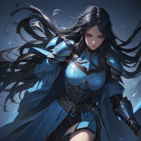 a female swordsman in blue armor, long black hair, fighting on the battlefield, showing signs of fatigue, a teddy bear companion, realistic, highly detailed, 8k, photorealistic, masterpiece, digital painting, fantasy art, dramatic lighting, cinematic compo...