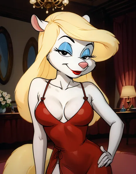 masterpiece,best quality, highly detailed, score_9, score_8_up, score_7_up, score_6_up,BREAK minerva mink, 1girl, white fur blonde hair, fluffy blonde tail, solo, black eyes, long hair, wearing a glittery red dress with a side cut, standing, one hand on hi...