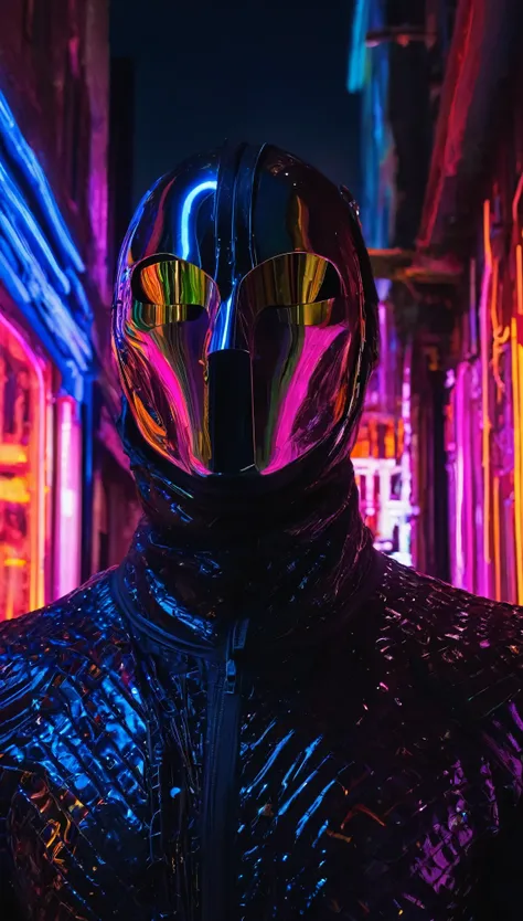 The *Prismatic Wraith* drifts through the heart of a decaying urban labyrinth, his form a mesmerizing blend of high-tech design and spectral energy. His entire body is encased in a sleek, jet-black suit that clings to his form like a second skin, its surfa...