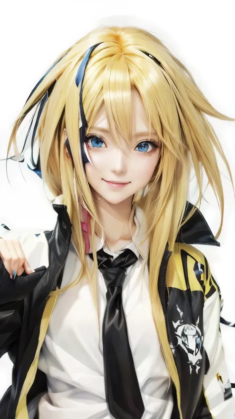 carrera from tensei shitara slime datta ken, anime blonde girl with long blonde hair and blue eyes wearing a black jacket, smiling, kagamine rin, in anime style, made with anime painter studio, digital anime art!!, misa amane *, inime style, anime girl, pa...