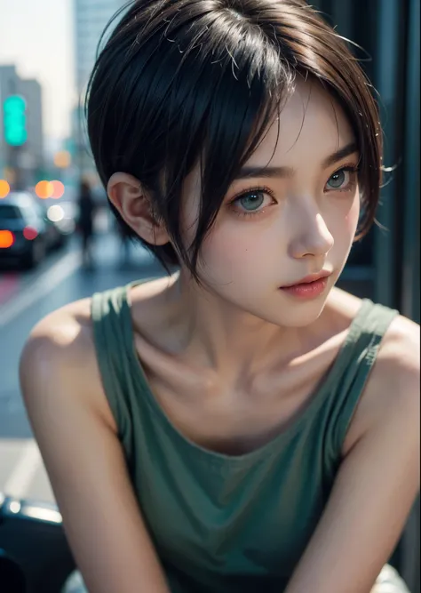 Lo-fi style girl in cyberpunk city 、Cute 1 woman、Large dark green eyes、Short Pixie Cut Hair、Revealing clothing、Watching Me、Pastel tank tops、Full body portrait photography、Soft lighting、Well-balanced body、Sharp focus、High image quality、High resolution、High ...