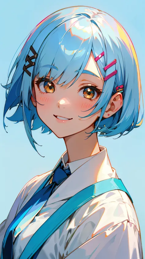 1 Girl、Anime-style paintings、Shiny light blue hair、Short Bob Hairstyles、Tie your hair with a hair clip、Beautiful brown eyes、White shirt、Upper body close-up、smile、Blue background