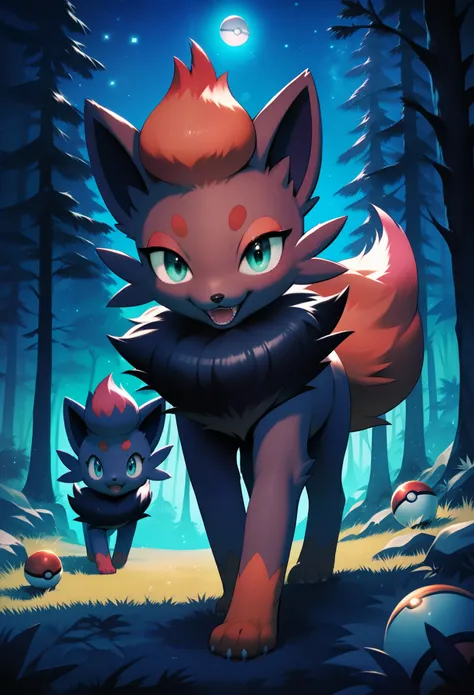 score_9, score_8_up, score_7_up, photorealistic, masterpiece, realistic fluffy zorua_(pokemon), standing in forest, night time, ...