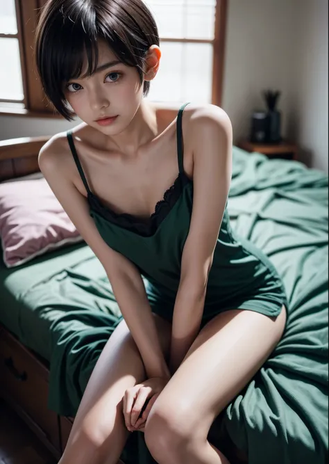 Lofi style girl 、Cute 1 girl、12 Talents、Large dark green eyes、Short Pixie Cut Hair、Revealing clothing、Watching Me、Bedroom、camisole、Full body portrait photography、Soft lighting、Well-balanced body、Sharp focus、High image quality、High resolution、High color rep...