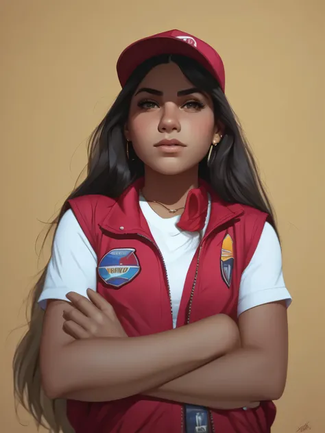 arafed girl in a red vest and a red hat, nilah, alanis guillen, 1 , girl wearing uniform, serena malyon, lorena avarez, 18 years old, photo of the girl, adriana dxim, pilar, julia fuentes, imane anys, very very low quality picture, by Amelia PeláezHD, (Bes...