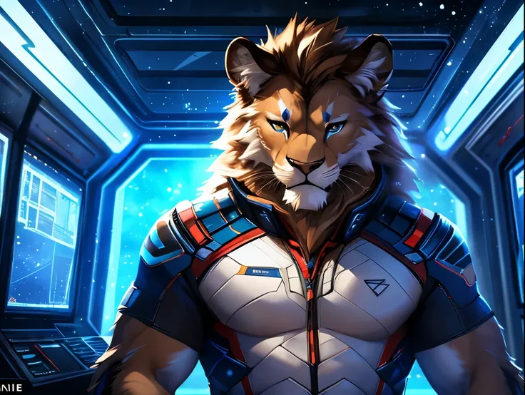 posted on e621, (by Chunie), male, Lion anthro, solo, (Realistic eye details 1.2), anime character, arafed image of a man in a space station with a mask, pov furry art, anthro paw pov art, furry paw pov art, commission for high res, furry art!!!, very very...