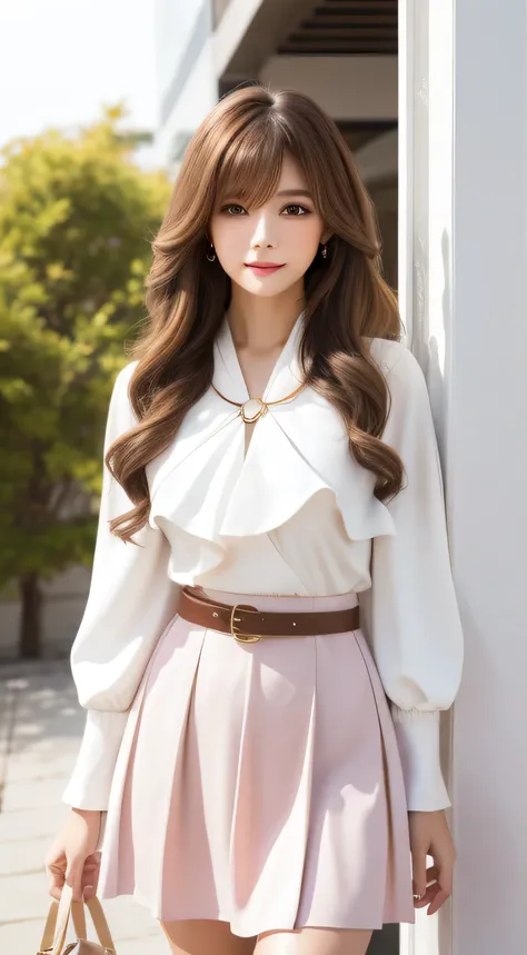 Feminine business style portrait for spring and summer。Model with soft curtain bangs and light brown wavy hair。white bolero jacket, Long sleeve,White Dress,White Belt,Pink Skirt,