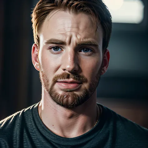 Professional portrait of Chris Evans, ultra-realistic, hyper-detailed, looking at the camera, from the front, casual clothes.