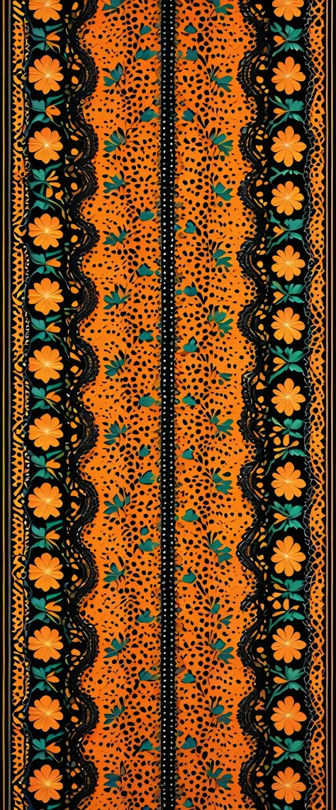 parallel lines of orange Mexican lace patterns aligned in the vertical direction of the image (May 5th Mexico), black background, bright pop-art colors, , ultra detailed