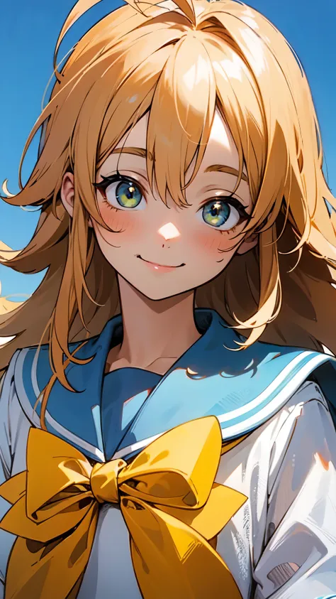 girl 1 person、solo、yellow long hair、ahoge、blue goggles、sailor school uniform、upper body close-up、smile、smile